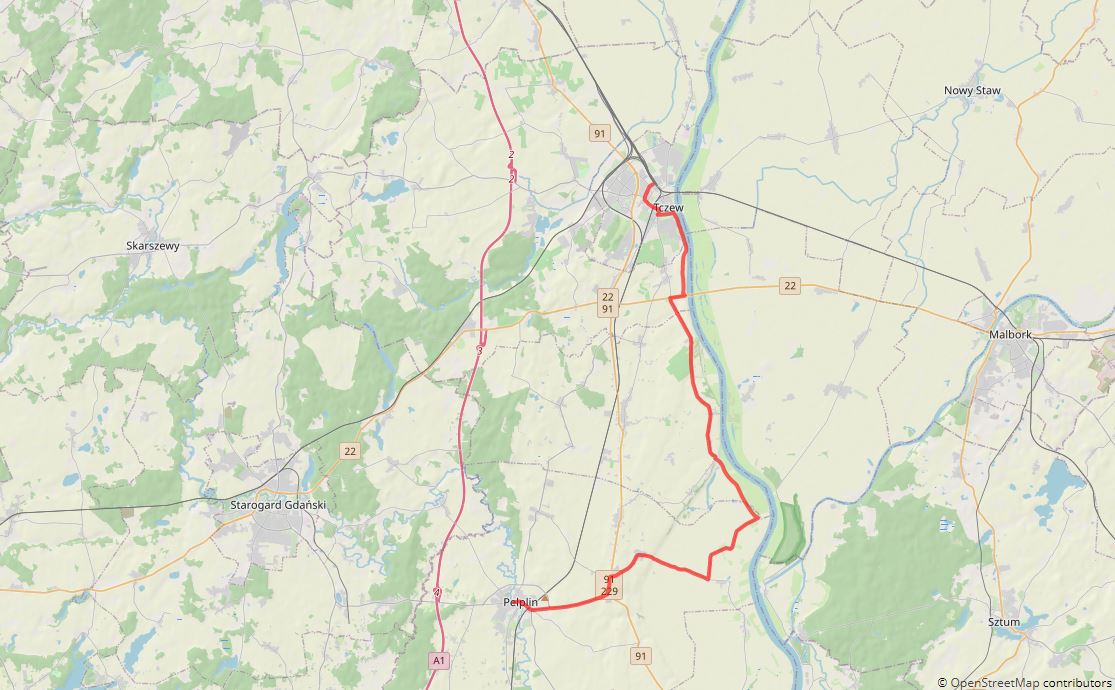 Mapa trasy Tczew - Pelplin